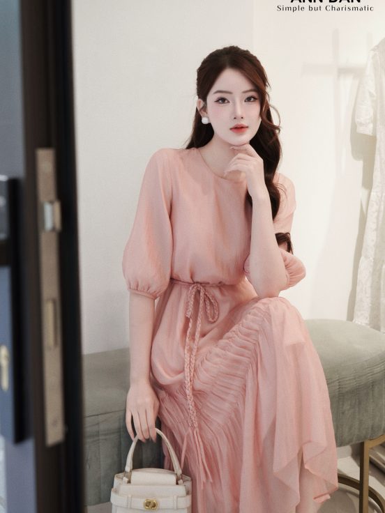 Đầm lụa tơ bọt hồng hai tầng nhún