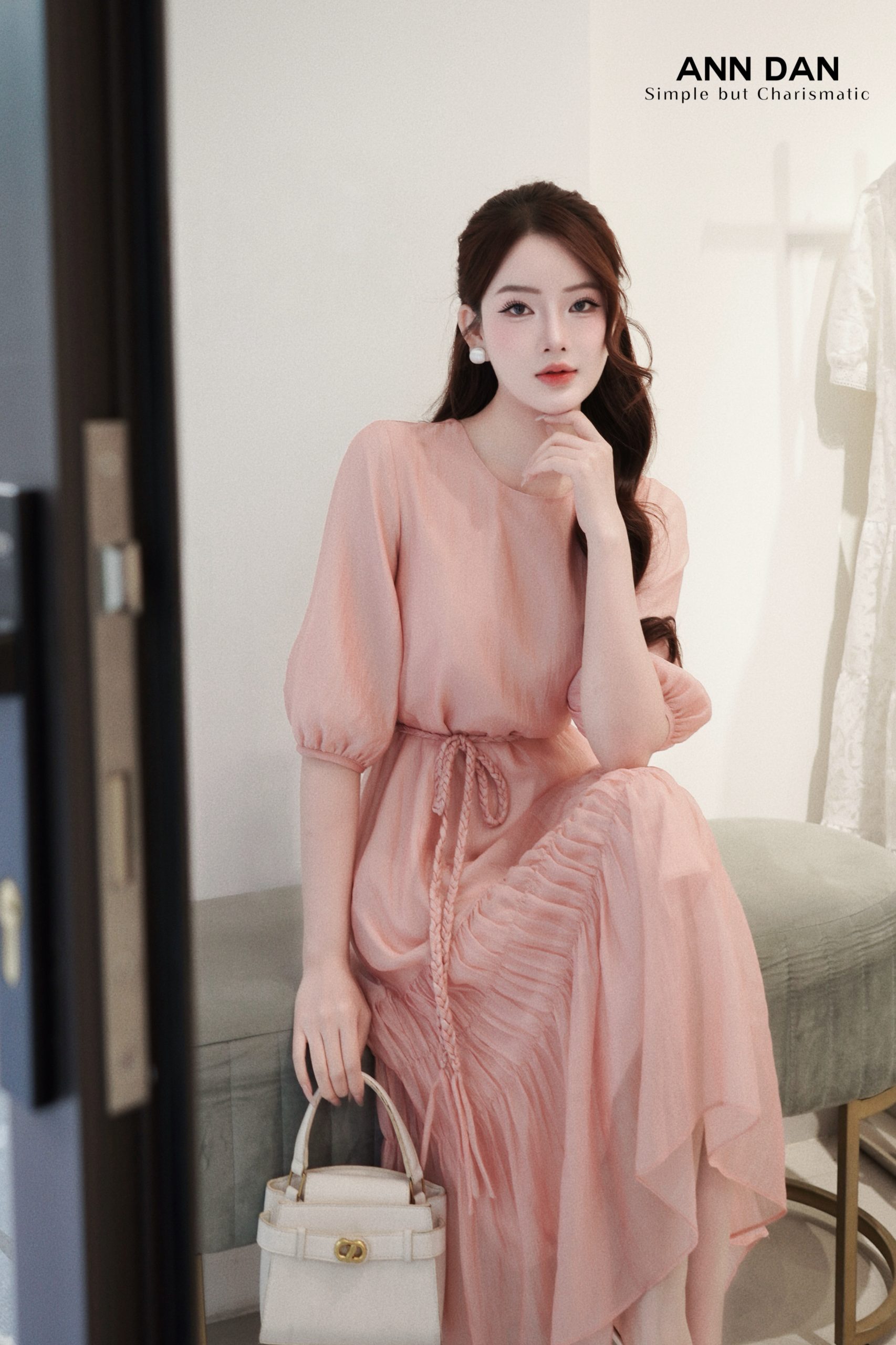 Đầm lụa tơ bọt hồng hai tầng nhún