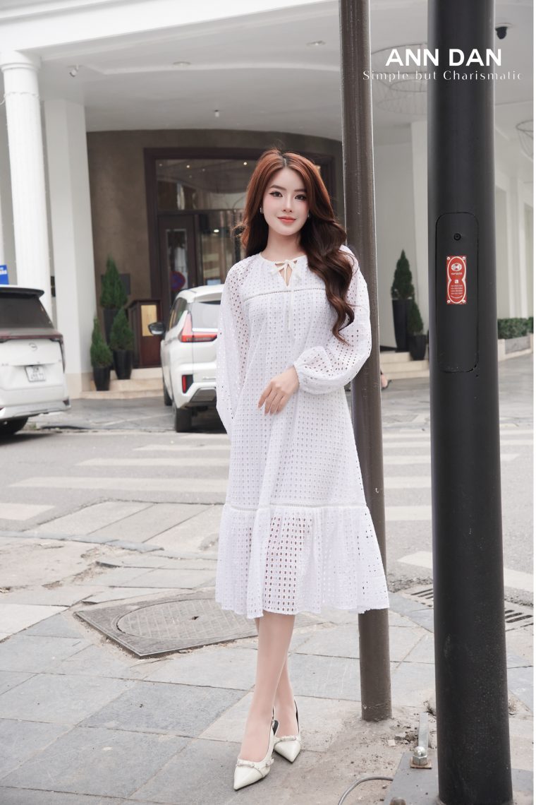 Đầm boy thêu phối ren đai da nâu 2