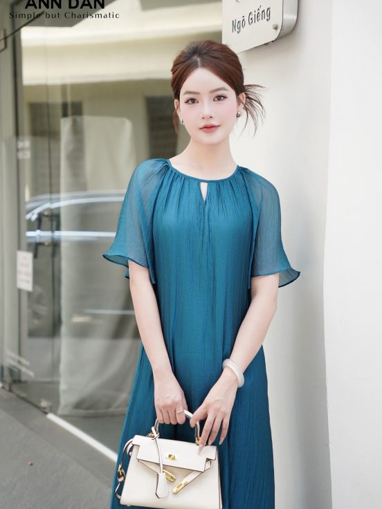 Đầm tơ bọt cổ tròn – xanh cổ vịt 1