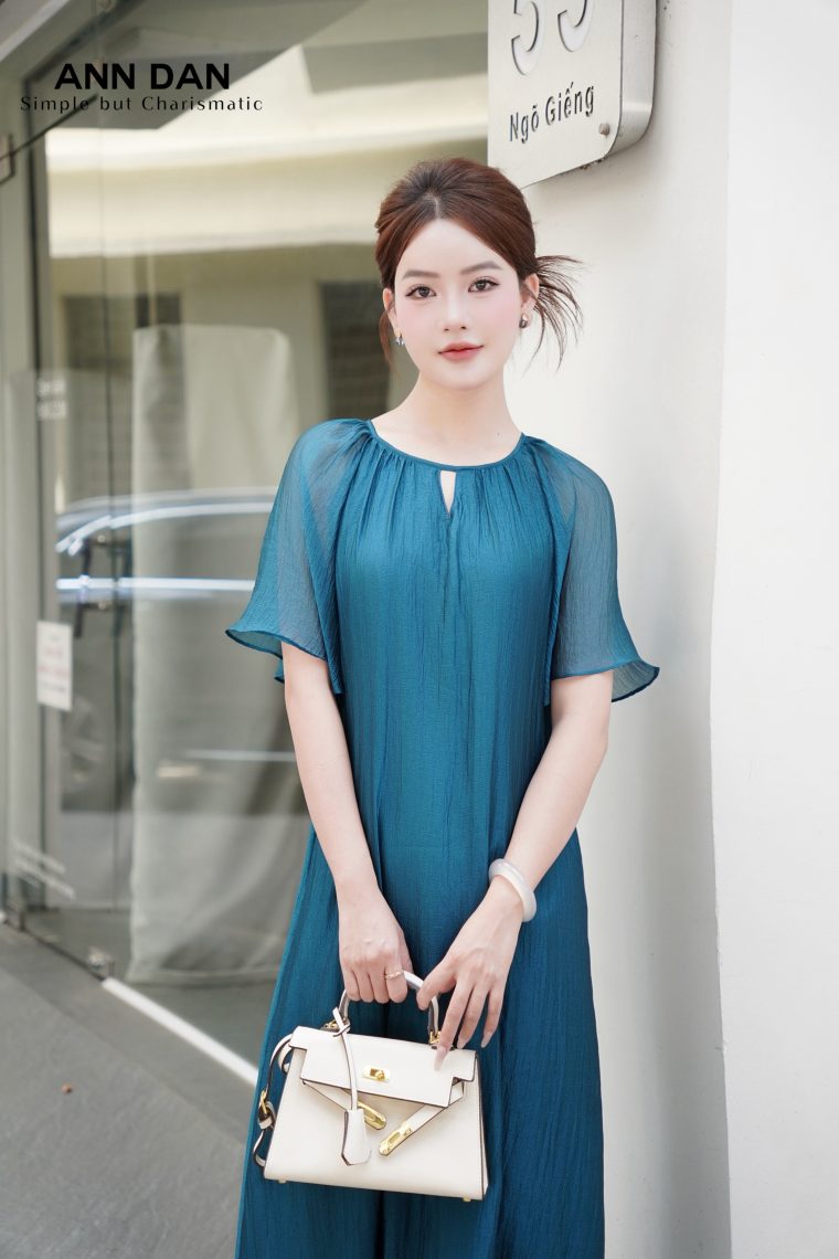 Đầm tơ bọt cổ tròn – xanh cổ vịt 1