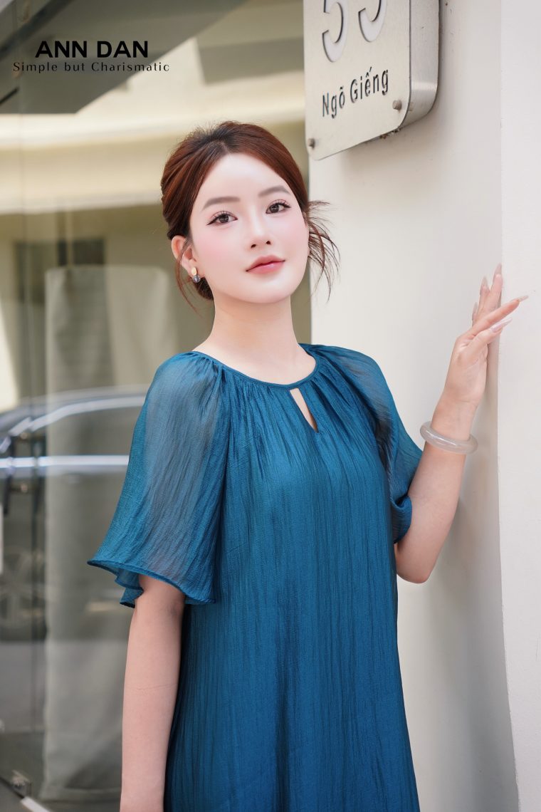 Đầm tơ bọt cổ tròn – xanh cổ vịt 6