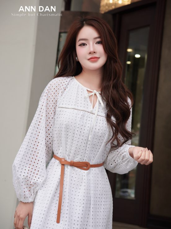 Đầm boy thêu phối ren đai da nâu 1