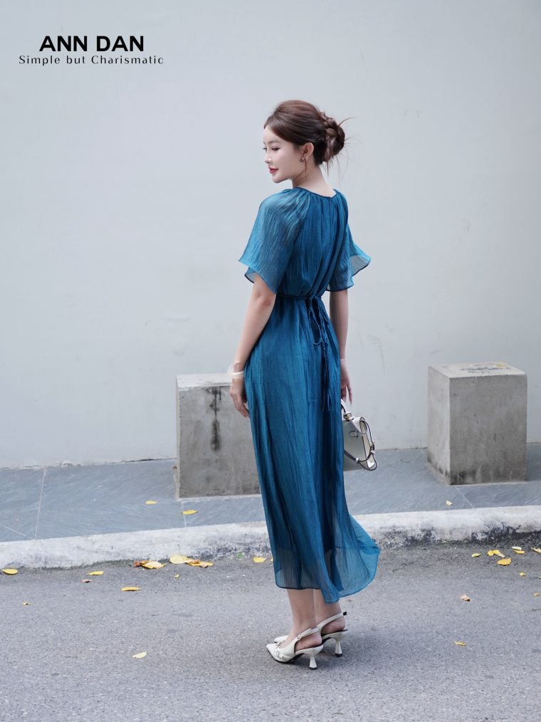 Đầm tơ bọt cổ tròn – xanh cổ vịt5