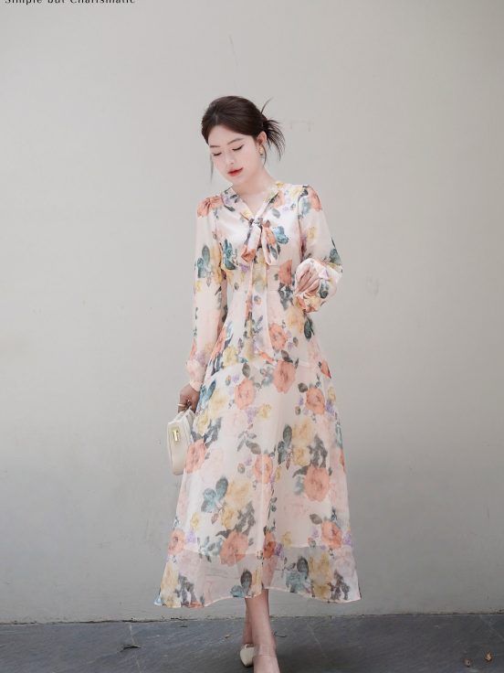 Đầm lụa tơ xước hoa phai nơ cổ 1