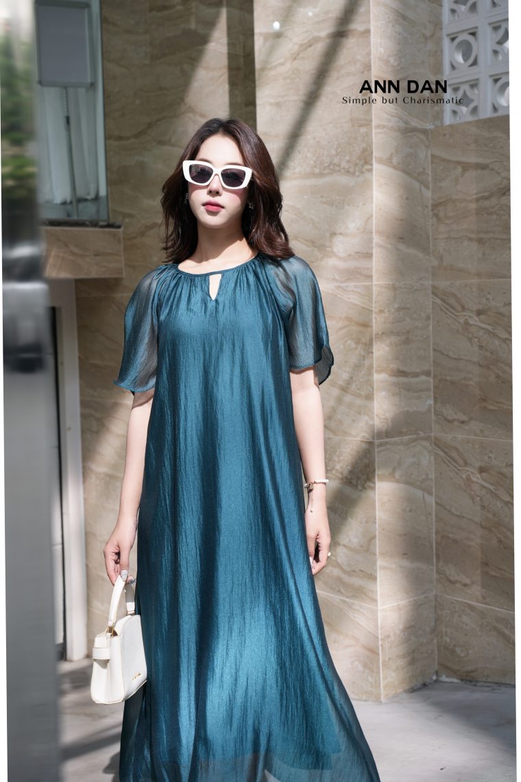 Đầm tơ bọt cổ tròn – xanh cổ vịt ư