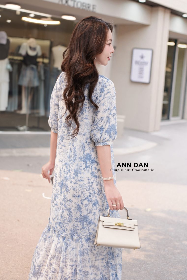 Đầm silk xanh cổ tàu đuôi cá 22