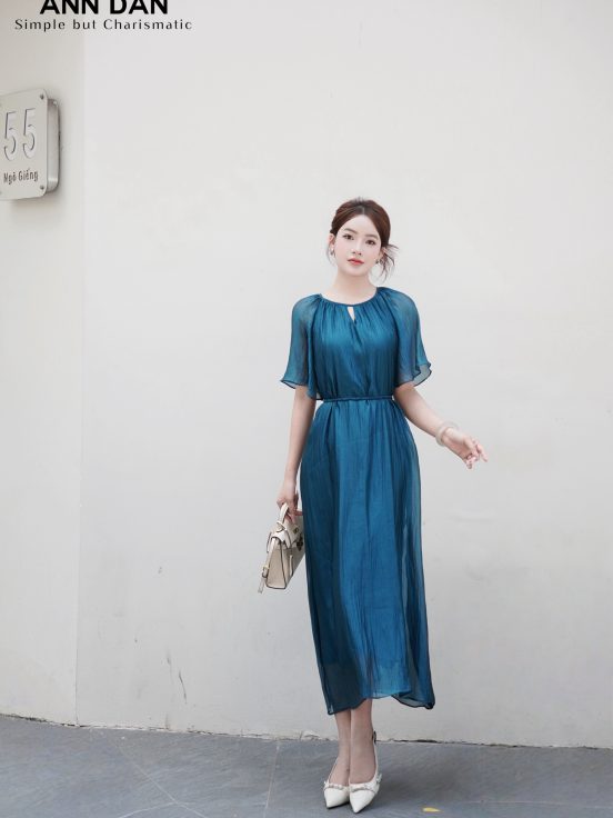 Đầm tơ bọt cổ tròn – xanh cổ vịt 4