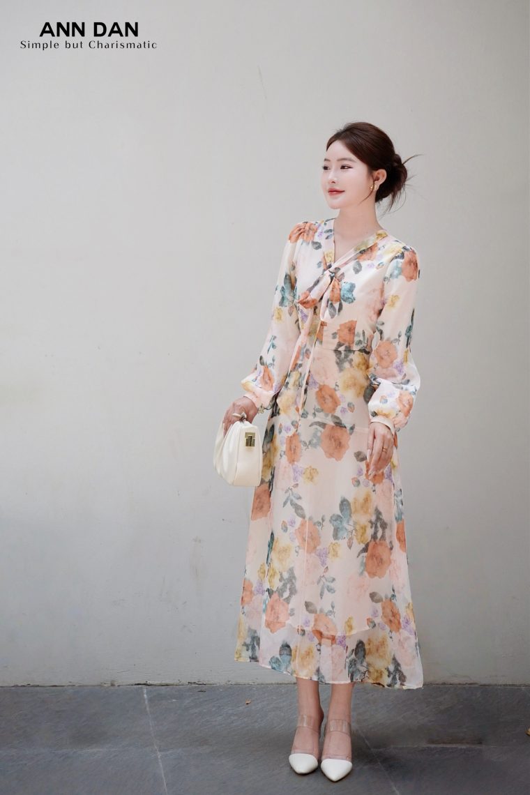 Đầm lụa tơ xước hoa phai nơ cổ 3