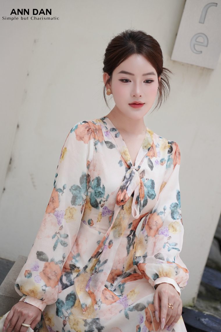 Đầm lụa tơ xước hoa phai nơ cổ 2