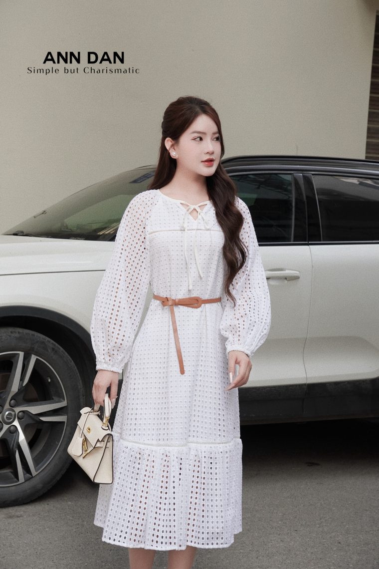 Đầm boy thêu phối ren đai da nâu 65