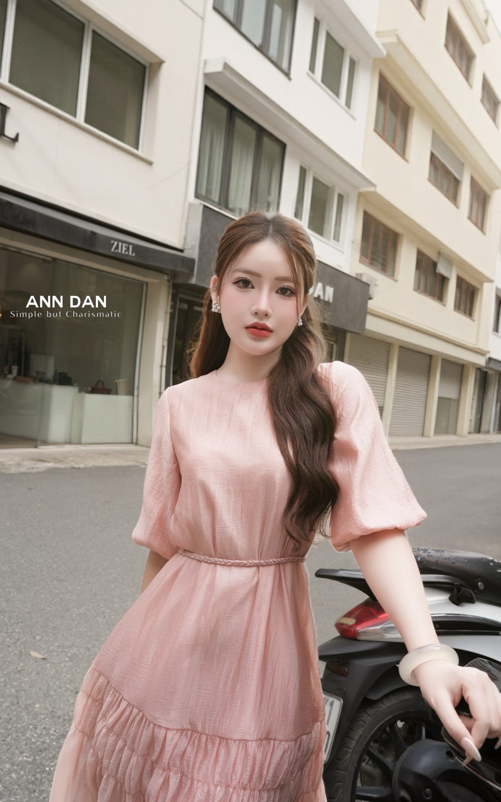 Đầm lụa tơ bọt hồng hai tầng nhún