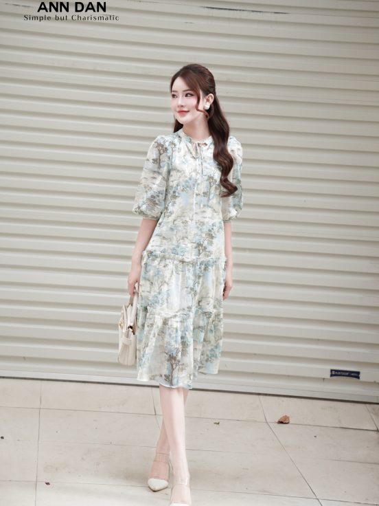 Đầm silk xanh 2 bèo dây cổ 12