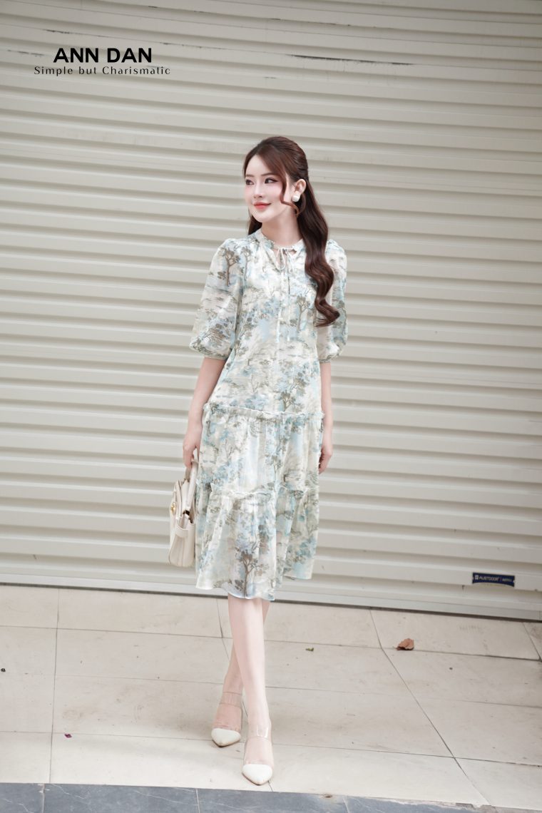 Đầm silk xanh 2 bèo dây cổ 12