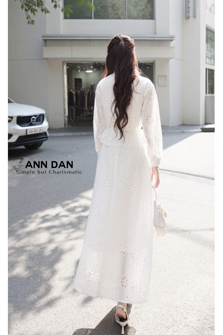 Đầm boy thêu trắng sơ mi rút eo 4