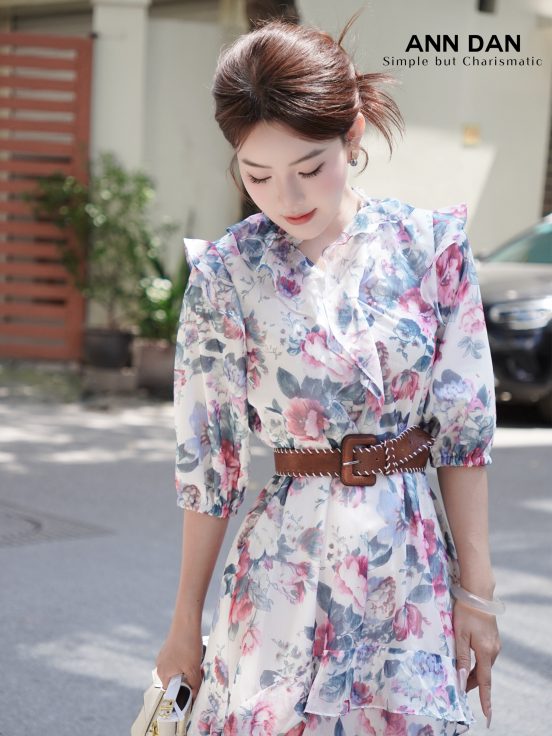 Đầm lụa tơ xước hoa xanh cổ bèo 1