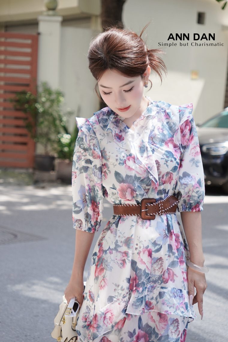 Đầm lụa tơ xước hoa xanh cổ bèo 1