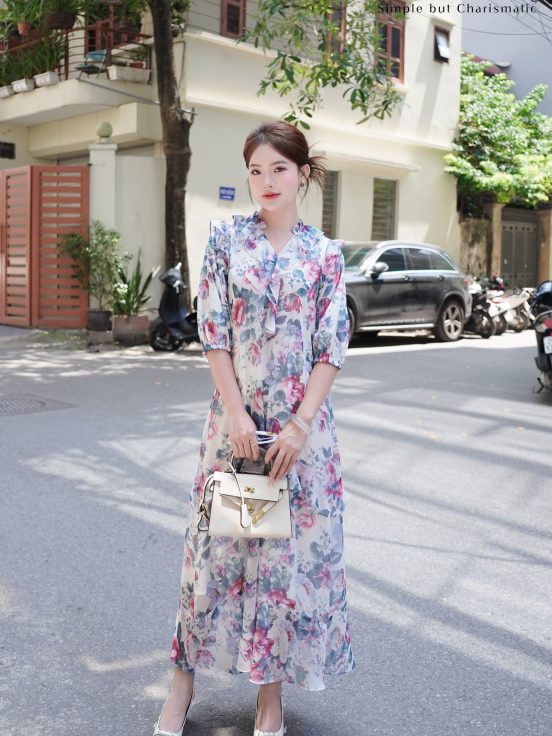 Đầm lụa tơ xước hoa xanh cổ bèo 3