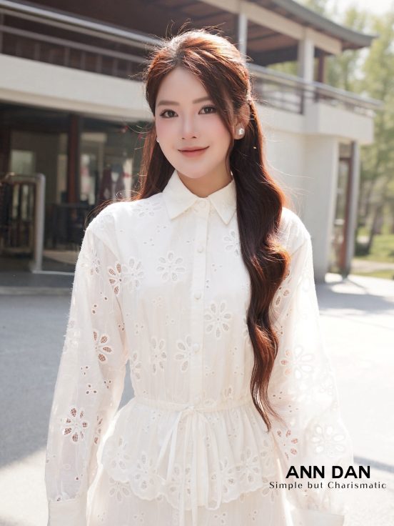 Đầm boy thêu trắng sơ mi rút eo