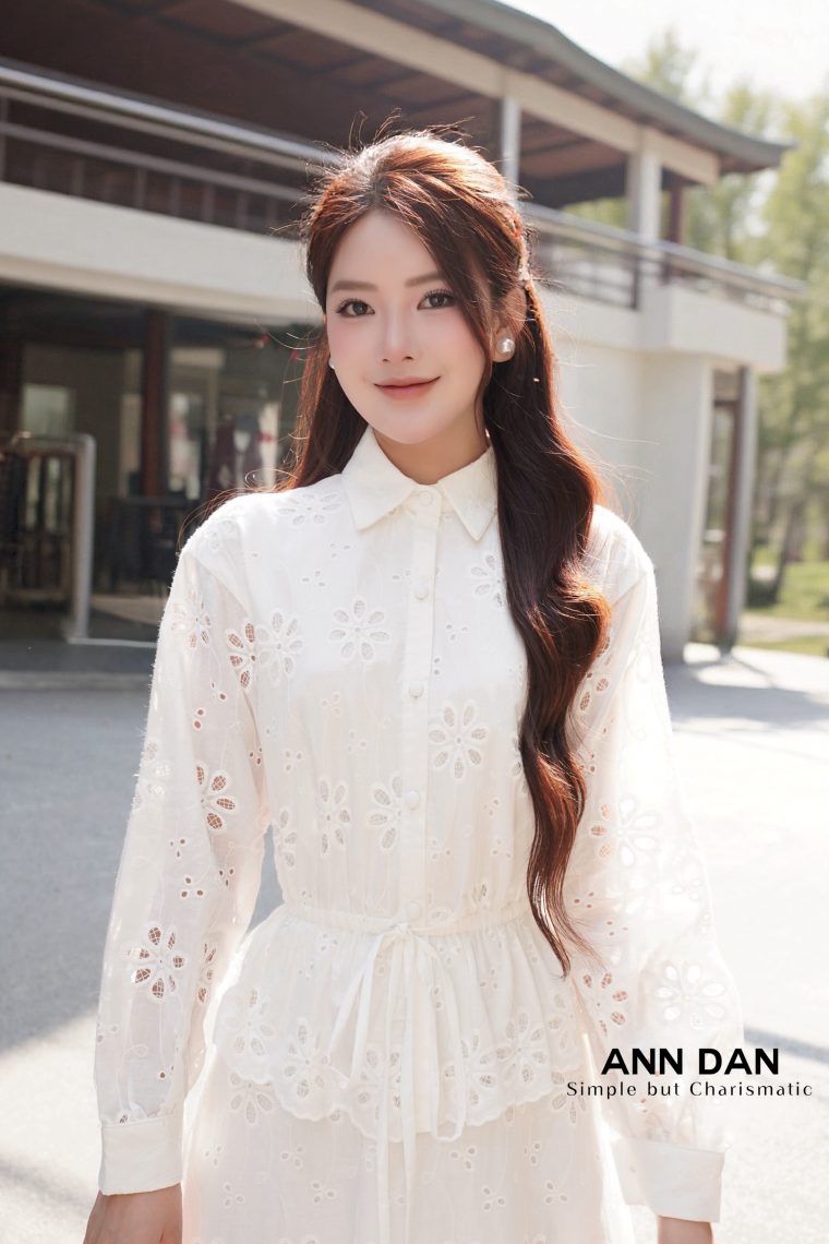Đầm boy thêu trắng sơ mi rút eo