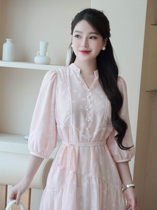 Đầm tơ ép thêu hoa – Hồngư