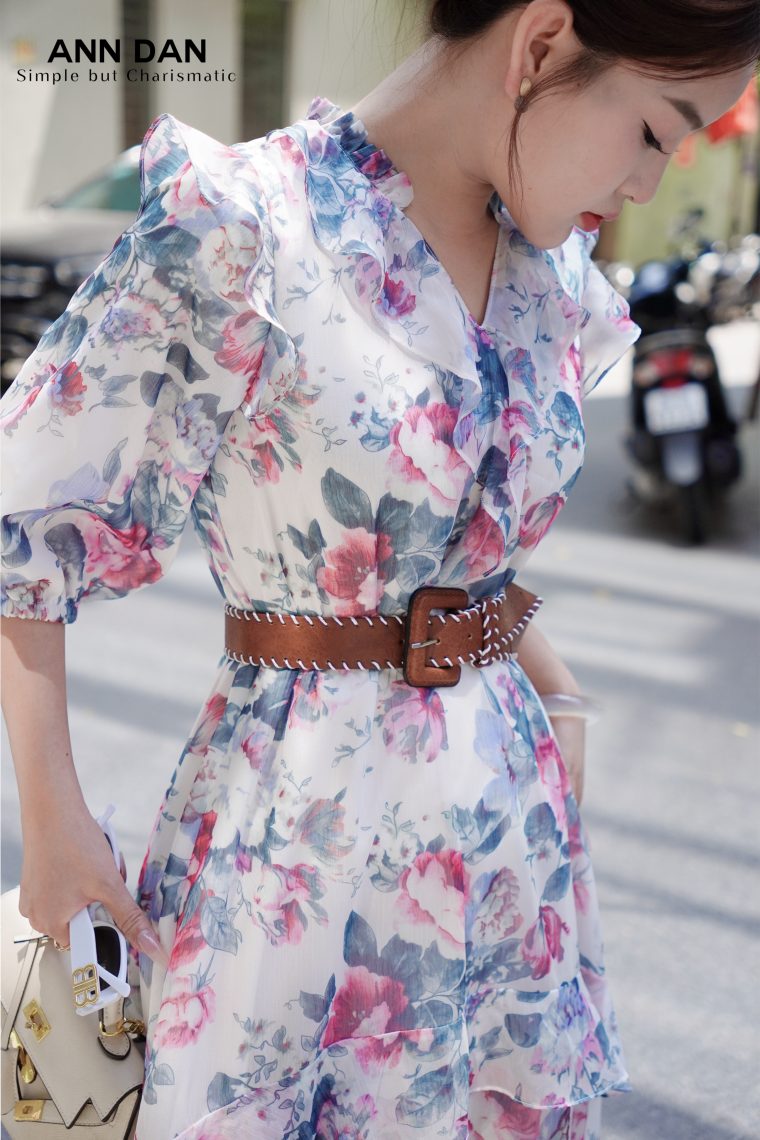 Đầm lụa tơ xước hoa xanh cổ bèo 45