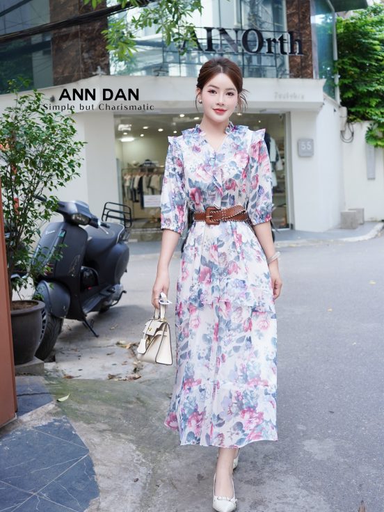 Đầm lụa tơ xước hoa xanh cổ bèo 43