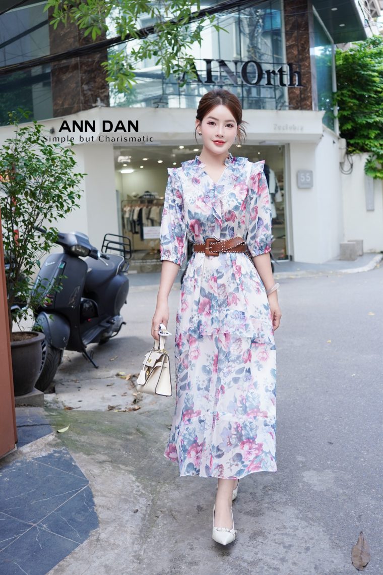 Đầm lụa tơ xước hoa xanh cổ bèo 43