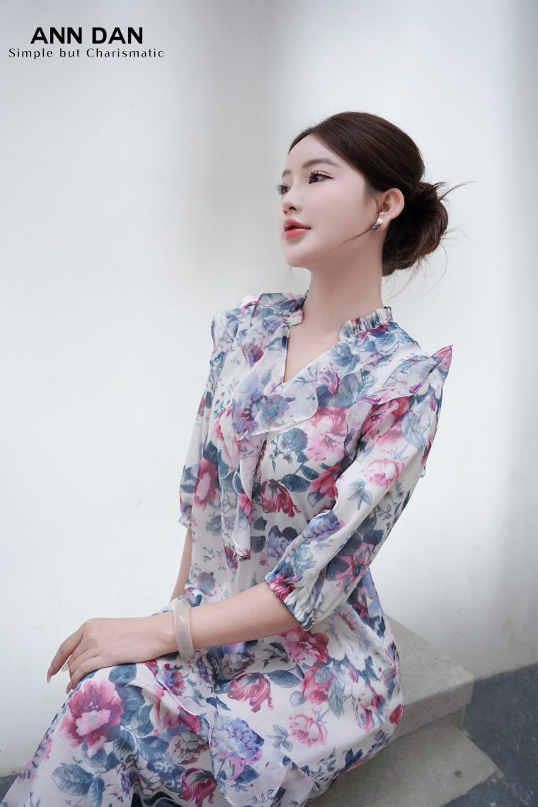 Đầm lụa tơ xước hoa xanh cổ bèo 6