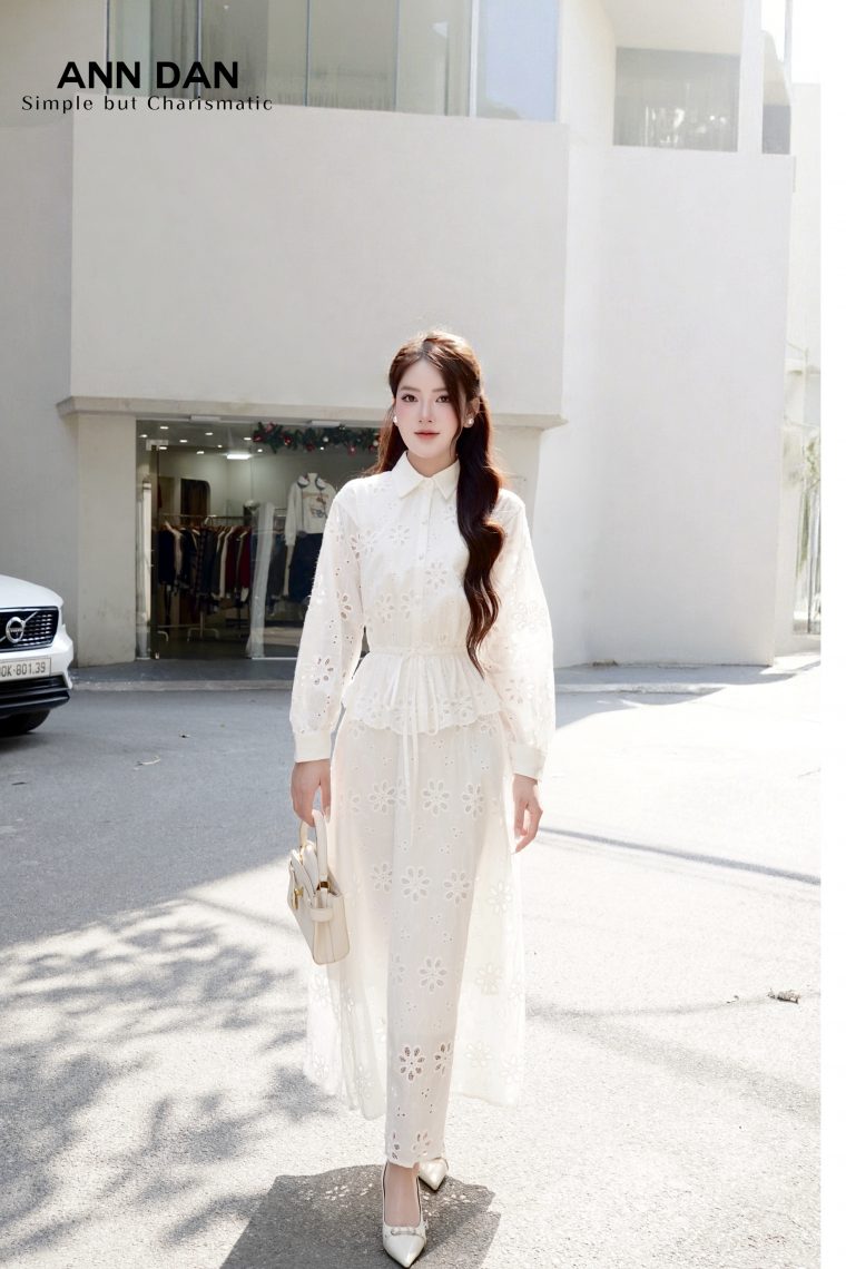 Đầm boy thêu trắng sơ mi rút eo 2