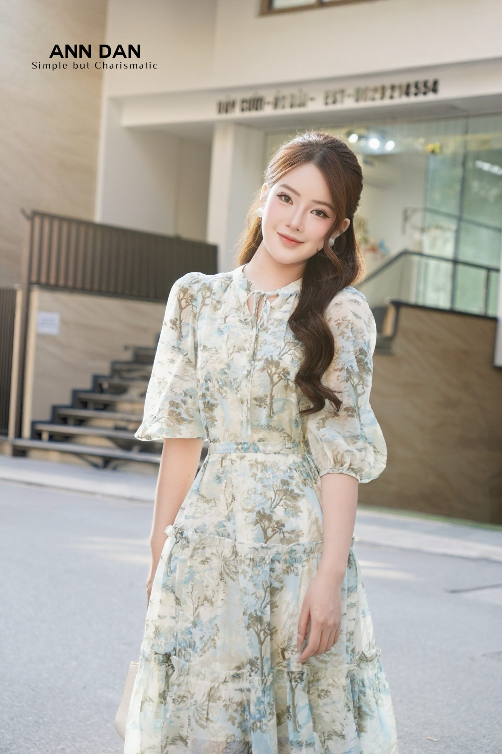 Đầm silk xanh 2 bèo dây cổ
