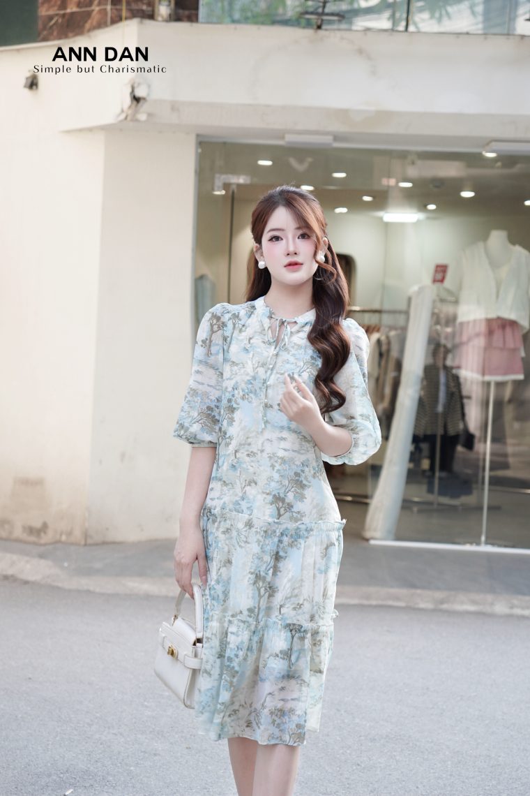 Đầm silk xanh 2 bèo dây cổ 56