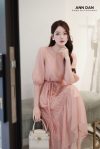 Đầm lụa tơ bọt hồng hai tầng nhún