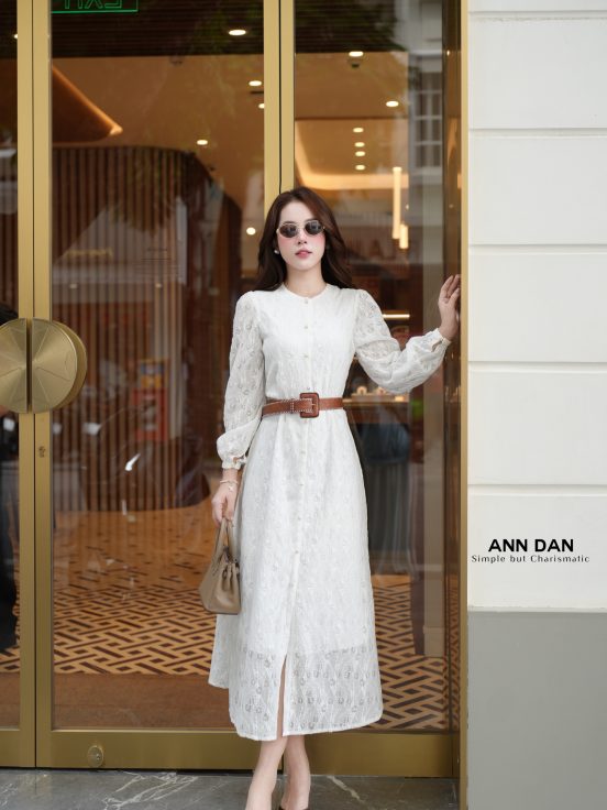 Đầm ren cúc ngọc cổ tròn kèm đai da nâu 3