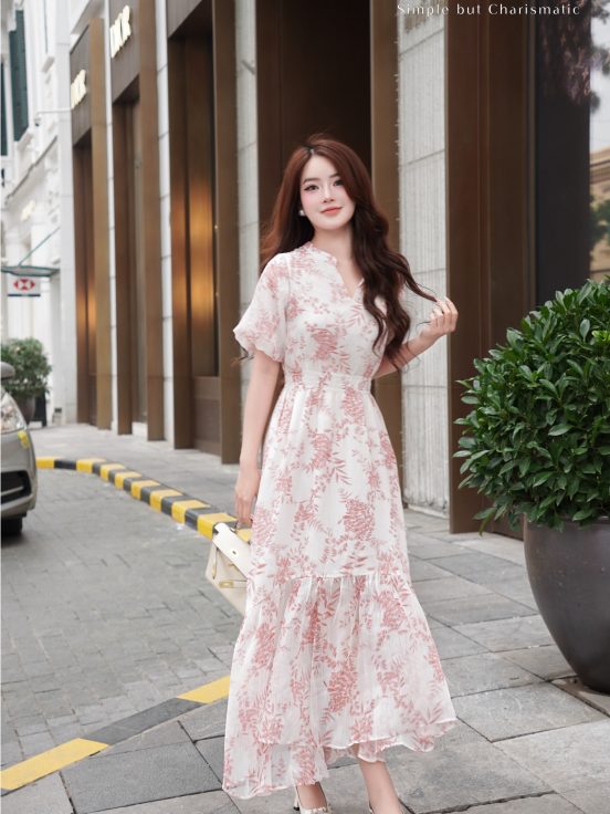 Đầm lụa tơ xước Nhật hồng cam chun eo 1