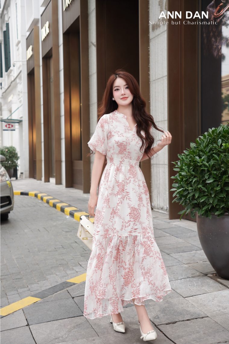 Đầm lụa tơ xước Nhật hồng cam chun eo 1