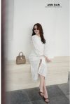 Đầm ren cúc ngọc cổ tròn kèm đai da nâu 1