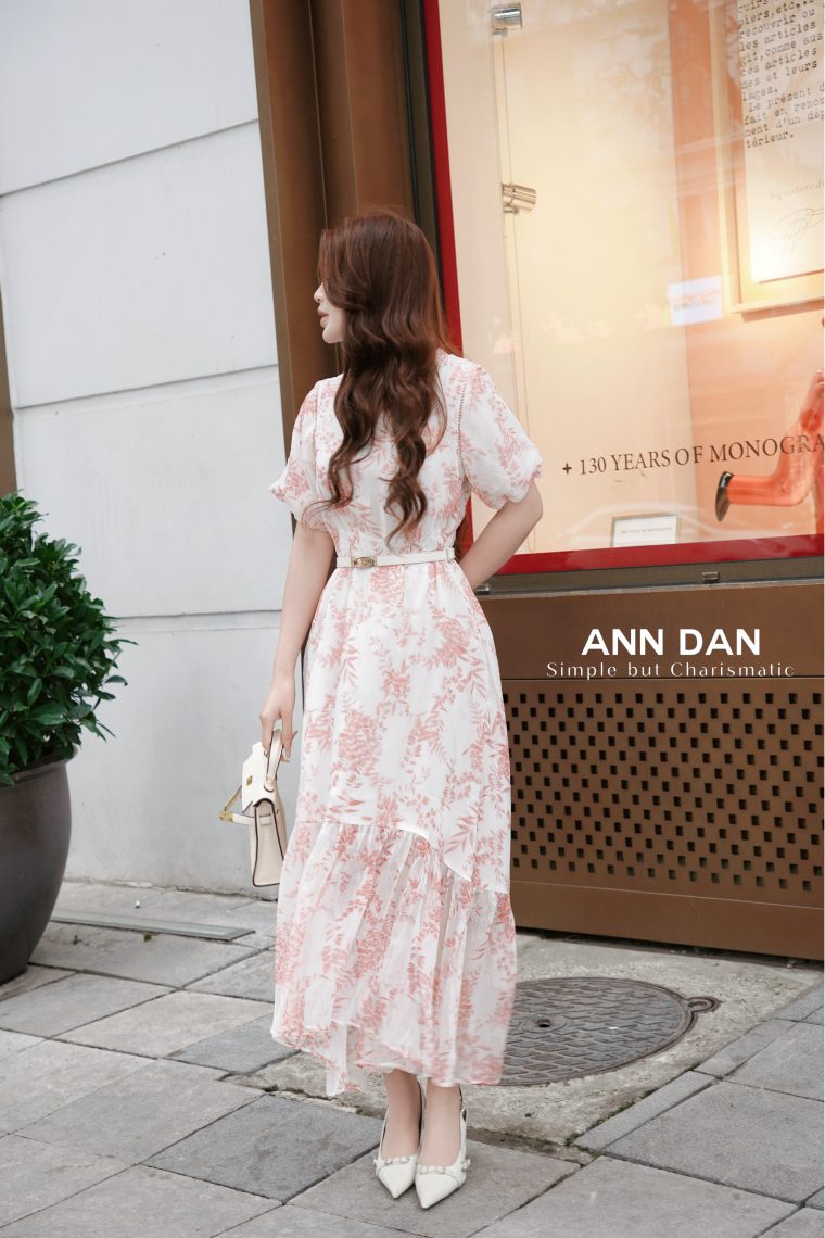 Đầm lụa tơ xước Nhật hồng cam chun eo6