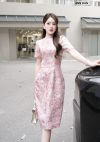 Đầm gấm hồng chiết eo -5