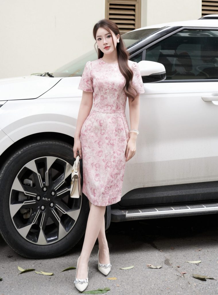 Đầm gấm hồng chiết eo - L