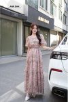 Đầm tơ xước cổ sen vuông