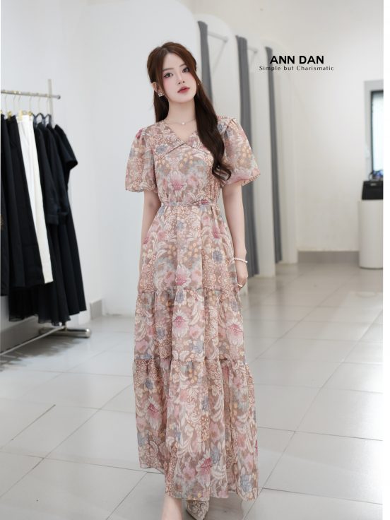 Đầm tơ xước cổ sen vuông rd