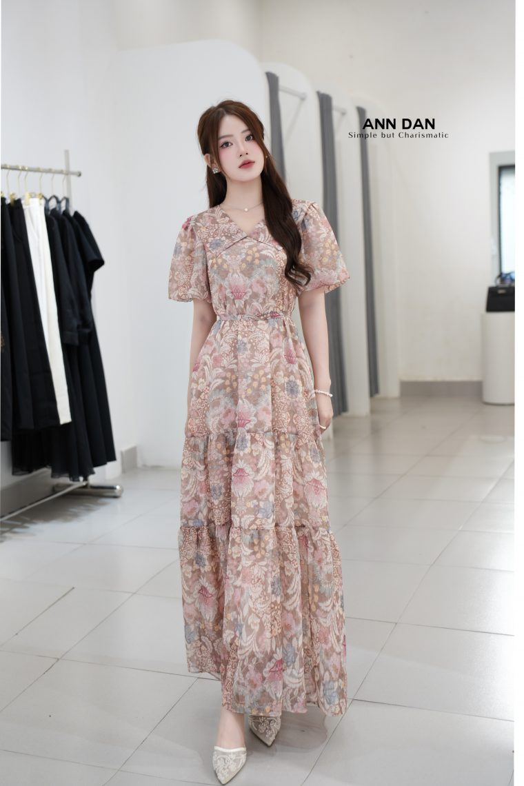 Đầm tơ xước cổ sen vuông rd