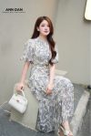 Đầm tằm ép xanh cổ tàu cúc trai kèm đai - XXL