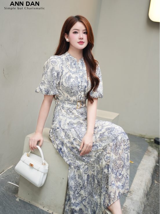 Đầm tằm ép xanh cổ tàu cúc trai kèm đai - XXL