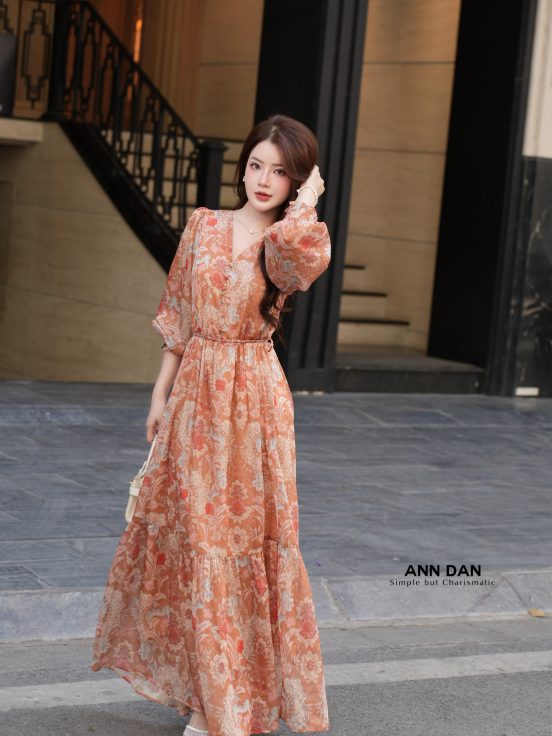Đầm lụa tơ xước cam cổ tim cúc trai