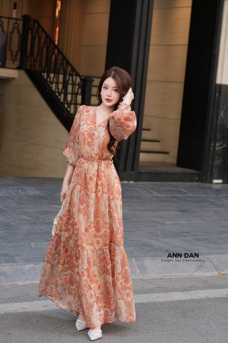 Đầm lụa tơ xước cam cổ tim cúc trai