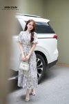 Đầm tằm ép xanh cổ tàu cúc trai kèm đai - M