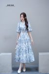Đầm tằm ép xanh cổ tàu cúc trai kèm đai 4r