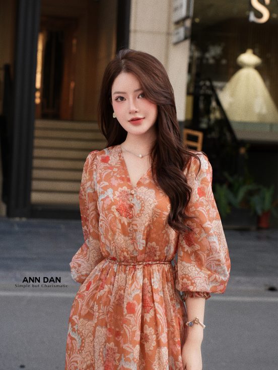 Đầm lụa tơ xước cam cổ tim cúc trai 4